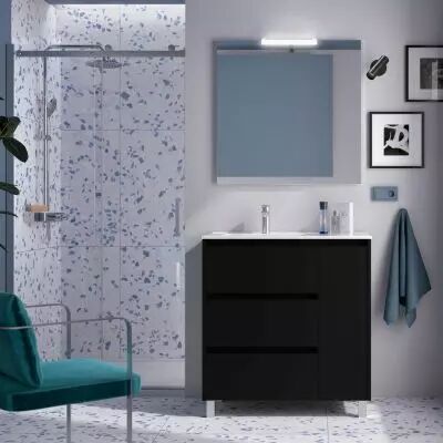 Ensemble NOJA 86cm meuble 3 tiroirs / 1 porte Noir satin� + vasque (miroir en option) - Salgar R�f. 106261