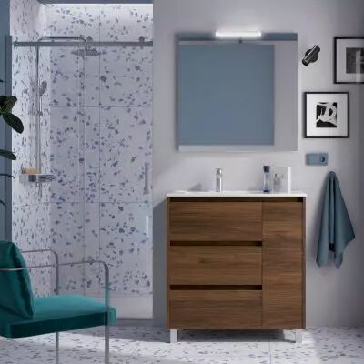 Ensemble NOJA 86cm meuble 3 tiroirs / 1 porte Noyer Maya + vasque (miroir en option) - Salgar R�f. 106267
