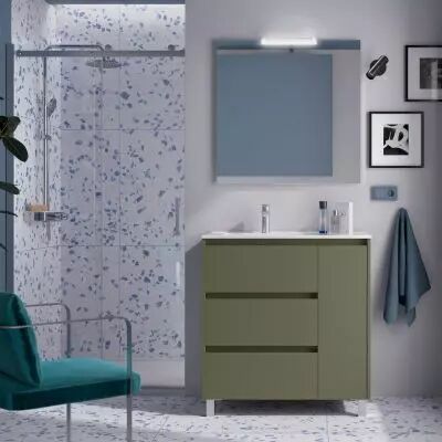 Ensemble NOJA 86cm meuble 3 tiroirs / 1 porte Vert satin� + vasque (miroir en option) - Salgar R�f. 106263