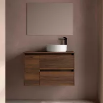 Ensemble NOJA 90cm meuble 2 tiroirs / 1 porte &agrave; gauche Noyer Maya + plan (vasque & miroir en option) - SALGAR R&eacute;f. 118269