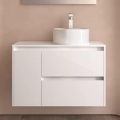 Ensemble NOJA 90cm meuble 2 tiroirs 1 porte Blanc satin� + plan gauche (vasque & miroir en option) - SALGAR R�f. 118262