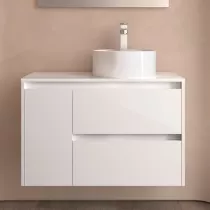 Ensemble NOJA 90cm meuble 2 tiroirs 1 porte Blanc satin&eacute; + plan gauche (vasque & miroir en option) - SALGAR R&eacute;f. 118262