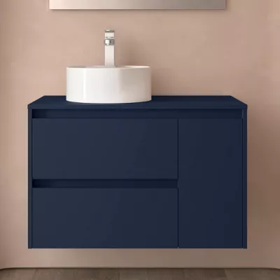 Ensemble NOJA 90cm meuble 2 tiroirs 1 porte Bleu satin� + plan (vasque & miroir en option) - SALGAR R�f. 118254