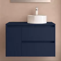Ensemble NOJA 90cm meuble 2 tiroirs 1 porte Bleu satin&eacute; + plan gauche (vasque & miroir en option) - SALGAR R&eacute;f. 118264