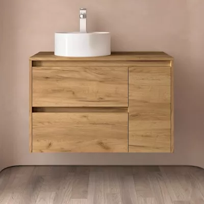 Ensemble NOJA 90cm meuble 2 tiroirs 1 porte Ch�ne africain + plan (vasque & miroir en option) - SALGAR R�f. 118258