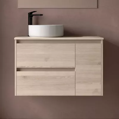 Ensemble NOJA 90cm meuble 2 tiroirs 1 porte Ch�ne naturel + plan (vasque & miroir en option) - SALGAR R�f. 118257
