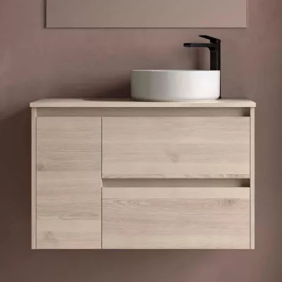 Ensemble NOJA 90cm meuble 2 tiroirs 1 porte Ch�ne naturel + plan gauche (vasque & miroir en option) - SALGAR R�f. 118267