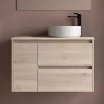 Ensemble NOJA 90cm meuble 2 tiroirs 1 porte Ch&ecirc;ne naturel + plan gauche (vasque & miroir en option) - SALGAR R&eacute;f. 118267