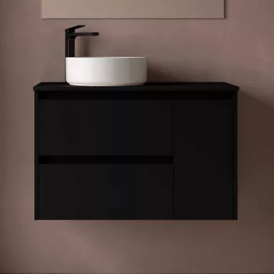 Ensemble NOJA 90cm meuble 2 tiroirs 1 porte Noir satin� + plan (vasque & miroir en option) - SALGAR R�f. 118253