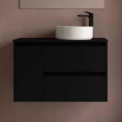 Ensemble NOJA 90cm meuble 2 tiroirs 1 porte Noir satin� + plan gauche (vasque & miroir en option) - SALGAR R�f. 118263