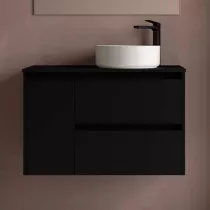 Ensemble NOJA 90cm meuble 2 tiroirs 1 porte Noir satin&eacute; + plan gauche (vasque & miroir en option) - SALGAR R&eacute;f. 118263