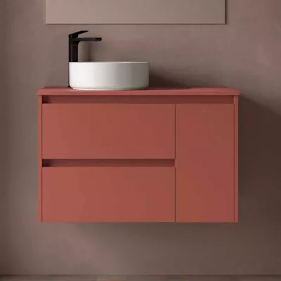 Ensemble NOJA 90cm meuble 2 tiroirs 1 porte Rouge satin� + plan (vasque & miroir en option)  - SALGAR R�f. 118256