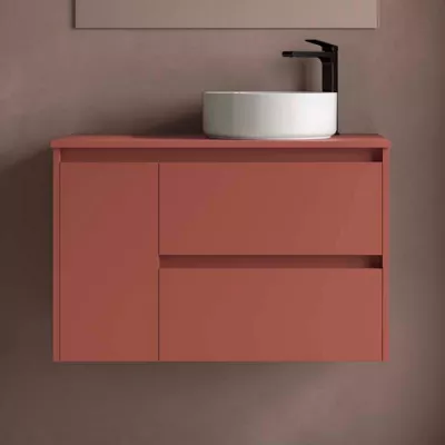 Ensemble NOJA 90cm meuble 2 tiroirs 1 porte Rouge satin� + plan gauche (vasque & miroir en option) - SALGAR R�f. 118266