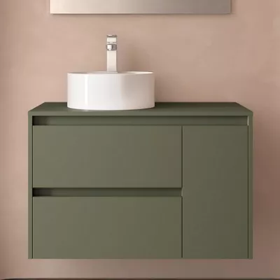 Ensemble NOJA 90cm meuble 2 tiroirs 1 porte Vert satin� + plan (vasque & miroir en option)  - SALGAR R�f. 118255