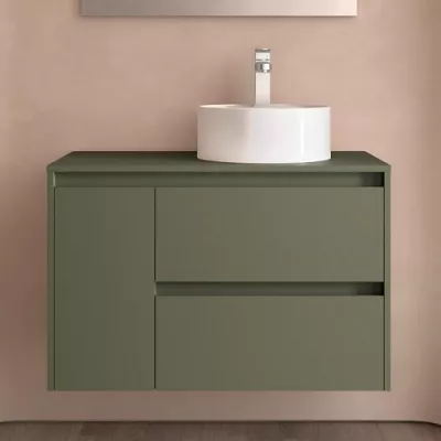 Ensemble NOJA 90cm meuble 2 tiroirs 1 porte Vert satin� + plan gauche (vasque & miroir en option) - SALGAR R�f. 118265
