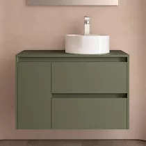 Ensemble NOJA 90cm meuble 2 tiroirs 1 porte Vert satin&eacute; + plan gauche (vasque & miroir en option) - SALGAR R&eacute;f. 118265