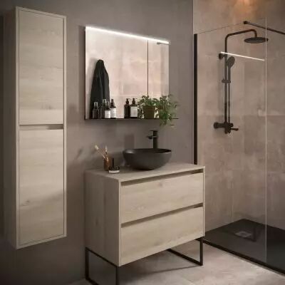 Ensemble NOJA 90cm meuble 2 tiroirs Ch�ne naturel + plan (vasque & miroir en option) - Salgar R�f. 105504