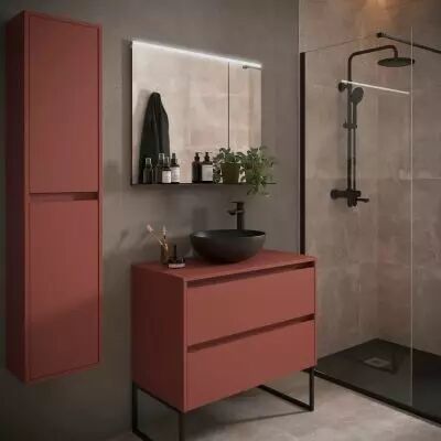 Ensemble NOJA 90cm meuble 2 tiroirs Rouge satin� + plan (vasque & miroir en option) - Salgar R�f. 105503