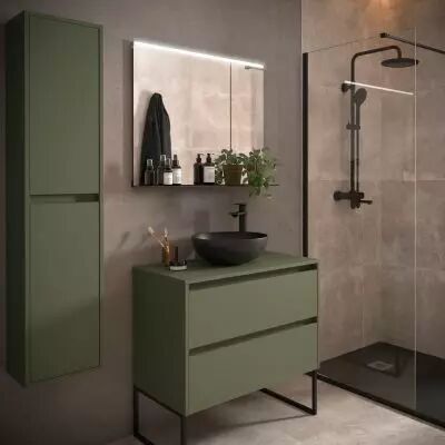 Ensemble NOJA 90cm meuble 2 tiroirs Vert satin� + plan (vasque & miroir en option) - Salgar R�f. 105502