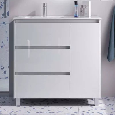 Ensemble NOJA 90cm meuble 3 tiroirs 1 porte Blanc brillant + vasque avec plan � droite (miroir en option) - SALGAR R�f. 118129