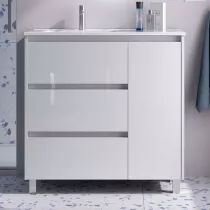 Ensemble NOJA 90cm meuble 3 tiroirs 1 porte Blanc brillant + vasque avec plan &agrave; droite (miroir en option) - SALGAR R&eacute;f. 118129