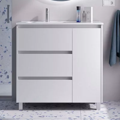 Ensemble NOJA 90cm meuble 3 tiroirs 1 porte Blanc satin� + vasque avec plan � droite (miroir en option) - SALGAR R�f. 118130