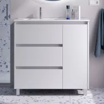 Ensemble NOJA 90cm meuble 3 tiroirs 1 porte Blanc satin&eacute; + vasque avec plan &agrave; droite (miroir en option) - SALGAR R&eacute;f. 118130