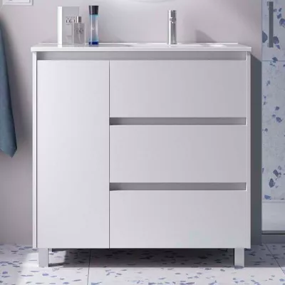 Ensemble NOJA 90cm meuble 3 tiroirs 1 porte Blanc satin� + vasque avec plan � gauche (miroir en option)  - SALGAR R�f. 118140