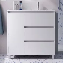 Ensemble NOJA 90cm meuble 3 tiroirs 1 porte Blanc satin&eacute; + vasque avec plan &agrave; gauche (miroir en option)  - SALGAR R&eacute;f. 118140