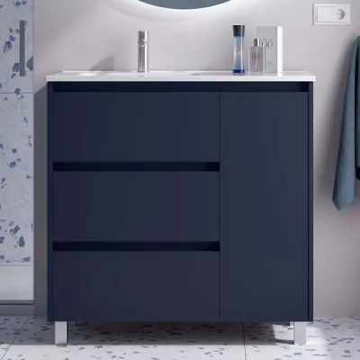 Ensemble NOJA 90cm meuble 3 tiroirs 1 porte Bleu satin� + vasque avec plan � droite (miroir en option) - SALGAR R�f. 118132