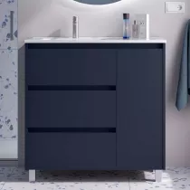 Ensemble NOJA 90cm meuble 3 tiroirs 1 porte Bleu satin&eacute; + vasque avec plan &agrave; droite (miroir en option) - SALGAR R&eacute;f. 118132