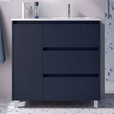 Ensemble NOJA 90cm meuble 3 tiroirs 1 porte Bleu satin� + vasque avec plan � gauche (miroir en option)  - SALGAR R�f. 118142