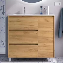 Ensemble NOJA 90cm meuble 3 tiroirs 1 porte Ch&ecirc;ne africain + vasque avec plan &agrave; droite (miroir en option) - SALGAR R&eacute;f. 118136