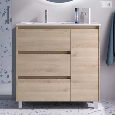 Ensemble NOJA 90cm meuble 3 tiroirs 1 porte Ch�ne naturel + vasque avec plan � droite (miroir en option) - SALGAR R�f. 118135