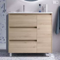 Ensemble NOJA 90cm meuble 3 tiroirs 1 porte Ch&ecirc;ne naturel + vasque avec plan &agrave; droite (miroir en option) - SALGAR R&eacute;f. 118135
