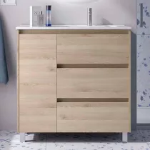 Ensemble NOJA 90cm meuble 3 tiroirs 1 porte Ch&ecirc;ne naturel + vasque avec plan &agrave; gauche (miroir en option) - SALGAR R&eacute;f. 118145