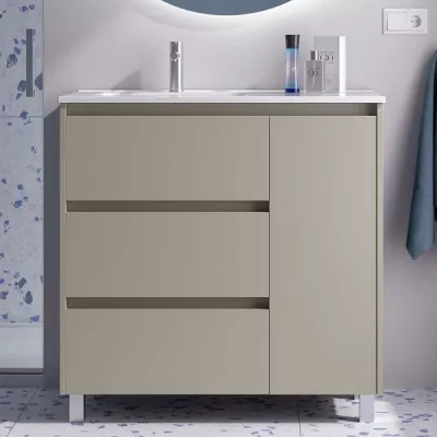 Ensemble NOJA 90cm meuble 3 tiroirs 1 porte Gris satin� + vasque avec plan � droite (miroir en option) - SALGAR R�f. 118138