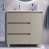 Ensemble NOJA 90cm meuble 3 tiroirs 1 porte Gris satin&eacute; + vasque avec plan &agrave; droite (miroir en option) - SALGAR R&eacute;f. 118138