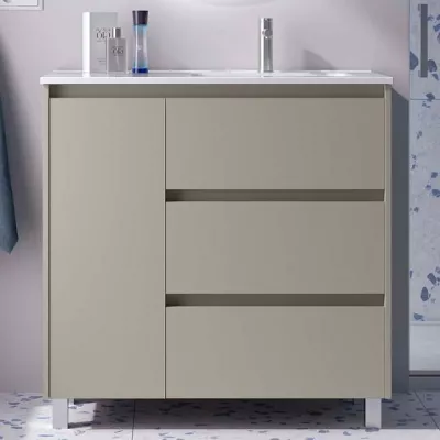 Ensemble NOJA 90cm meuble 3 tiroirs 1 porte Gris satin� + vasque avec plan � gauche (miroir en option) - SALGAR R�f. 118148