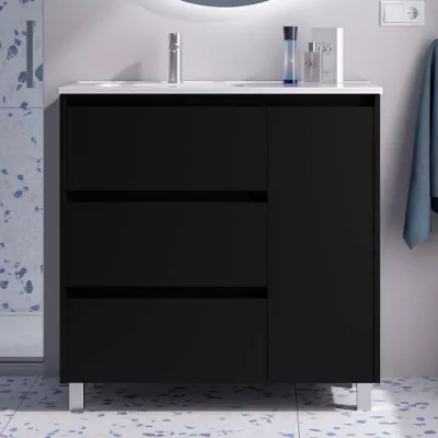 Ensemble NOJA 90cm meuble 3 tiroirs 1 porte Noir satin� + vasque avec plan � droite (miroir en option)  - SALGAR R�f. 118131