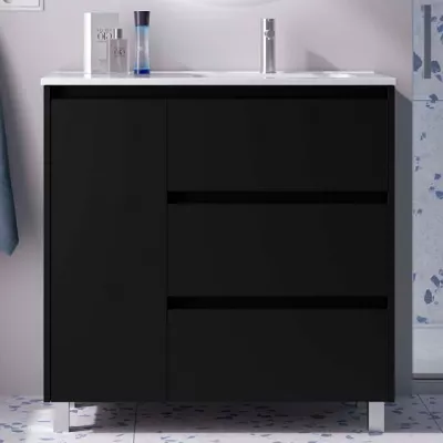 Ensemble NOJA 90cm meuble 3 tiroirs 1 porte Noir satin� + vasque avec plan � gauche (miroir en option) - SALGAR R�f. 118141