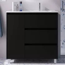 Ensemble NOJA 90cm meuble 3 tiroirs 1 porte Noir satin&eacute; + vasque avec plan &agrave; gauche (miroir en option) - SALGAR R&eacute;f. 118141