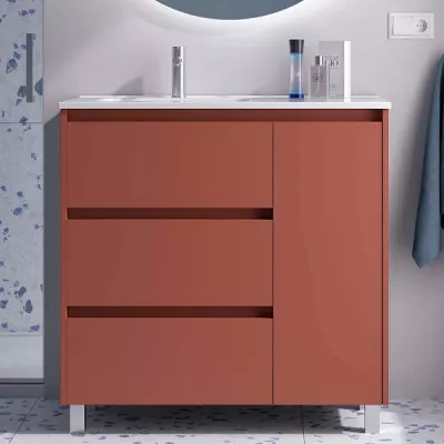 Ensemble NOJA 90cm meuble 3 tiroirs 1 porte Rouge satin� + vasque avec plan � droite (miroir en option)  - SALGAR R�f. 118134
