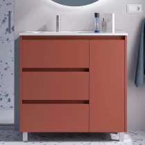 Ensemble NOJA 90cm meuble 3 tiroirs 1 porte Rouge satin&eacute; + vasque avec plan &agrave; droite (miroir en option)  - SALGAR R&eacute;f. 118134