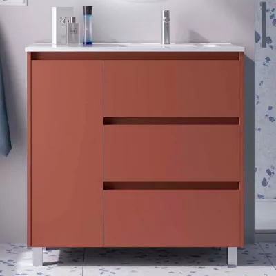 Ensemble NOJA 90cm meuble 3 tiroirs 1 porte Rouge satin� + vasque avec plan � gauche (miroir en option)  - SALGAR R�f. 118144