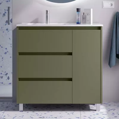 Ensemble NOJA 90cm meuble 3 tiroirs 1 porte Vert satin� + vasque avec plan � droite (miroir en option)  - SALGAR R�f. 118133