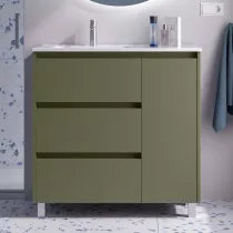 Ensemble NOJA 90cm meuble 3 tiroirs 1 porte Vert satin&eacute; + vasque avec plan &agrave; droite (miroir en option)  - SALGAR R&eacute;f. 118133