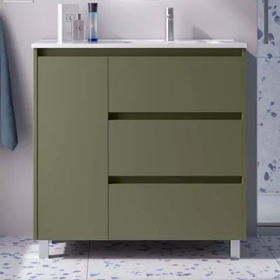 Ensemble NOJA 90cm meuble 3 tiroirs 1 porte Vert satin� + vasque avec plan � gauche (miroir en option) - SALGAR R�f. 118143