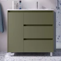 Ensemble NOJA 90cm meuble 3 tiroirs 1 porte Vert satin&eacute; + vasque avec plan &agrave; gauche (miroir en option) - SALGAR R&eacute;f. 118143