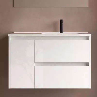 Ensemble NOJA 91cm meuble 2 tiroirs 1 porte Blanc brillant + vasque � droite plan � gauche - SALGAR R�f. 118179